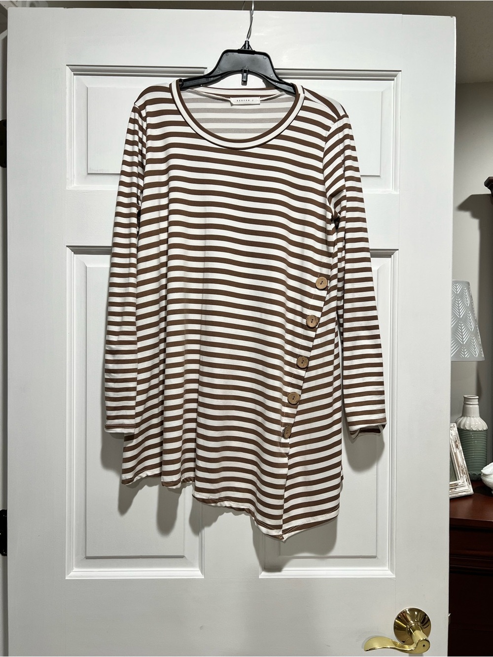 Women's Brown & Cream Striped Long Sleeve Top with Side Buttons